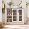 3-door shoe cabinet in white with removable shelves and fluted transparent doors for stylish shoe storage and organization.