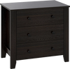 Wide 3-drawer dresser in dark brown, featuring sturdy support feet and smooth metal slide rails for easy access.