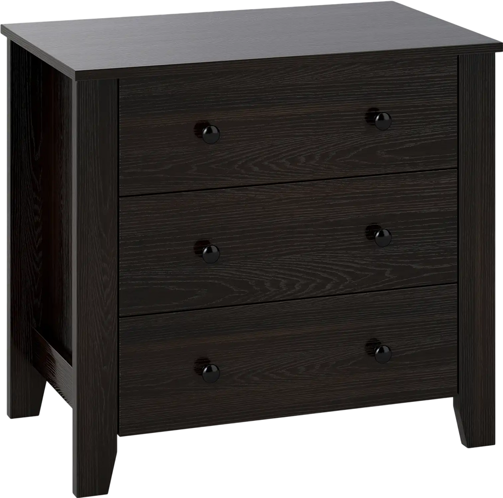 Wide 3-drawer dresser in dark brown, featuring sturdy support feet and smooth metal slide rails for easy access.