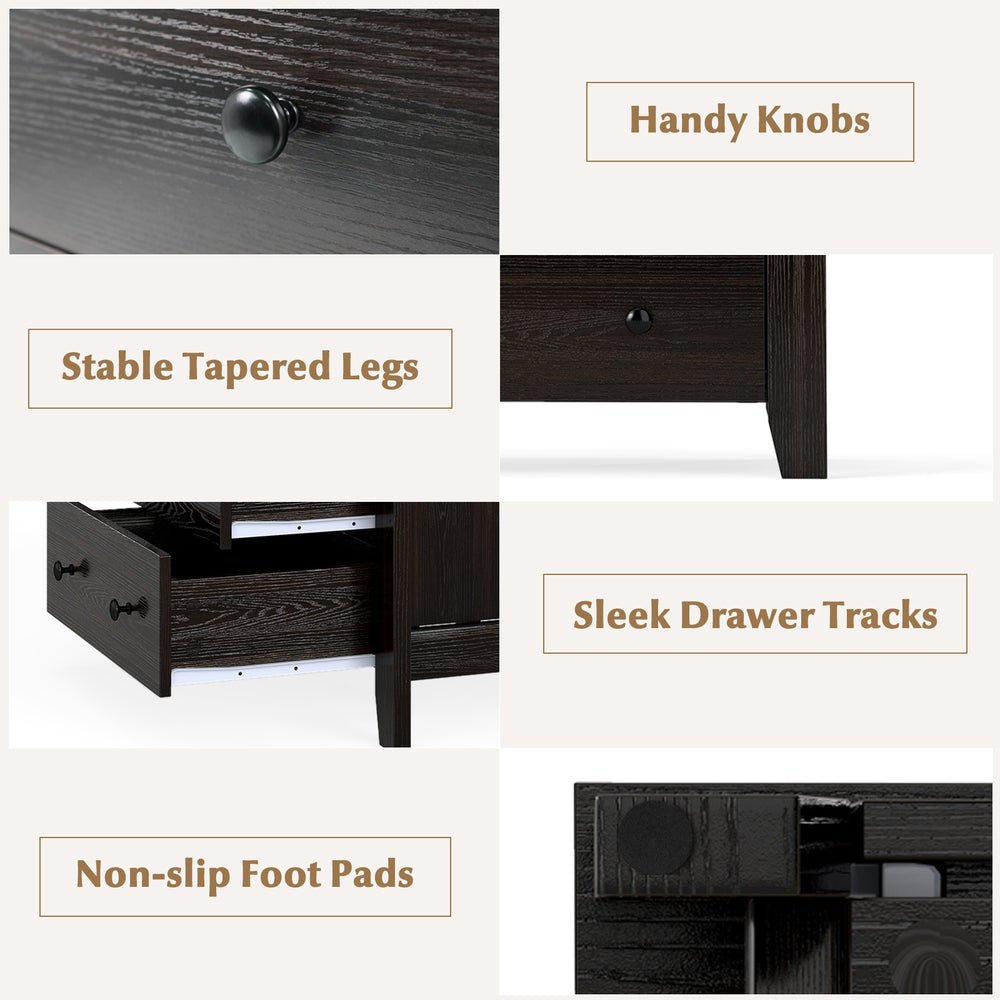 Close-up of the 3-drawer dresser's dark brown finish, featuring handy knobs, tapered legs, and non-slip foot pads.