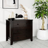 Wide dark brown 3-drawer dresser with sturdy support feet, perfect for organizing books and accessories in modern.