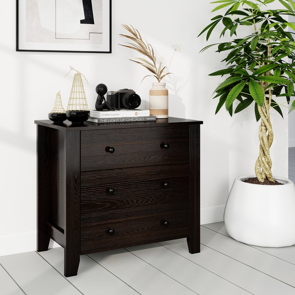 Wide dark brown 3-drawer dresser with sturdy support feet, perfect for organizing books and accessories in modern.