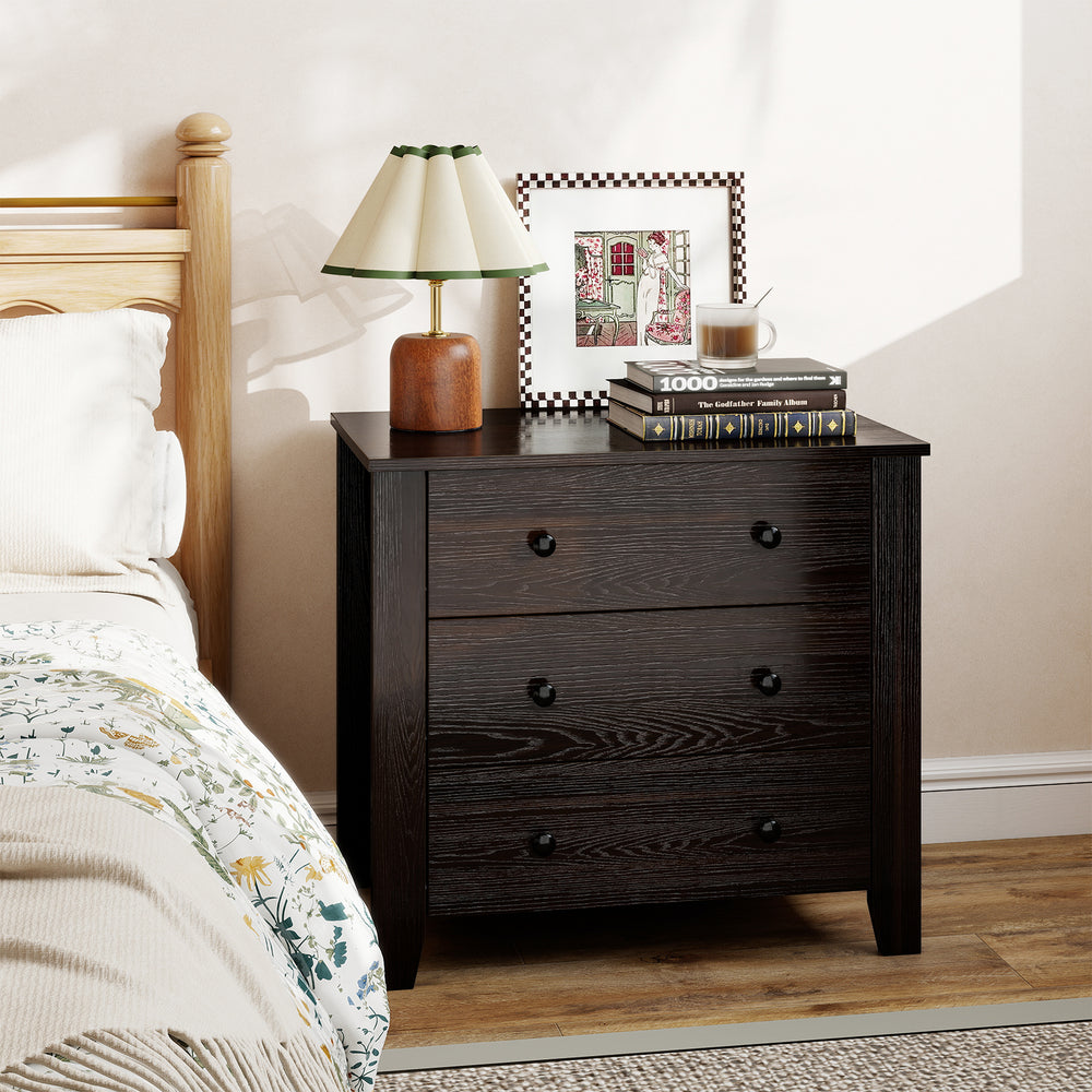 Wide dark brown 3-drawer dresser nightstand with smooth metal slides, perfect for bedroom storage and organization.