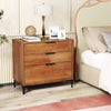 Cherry 3 drawer dresser with sleek metal handles and removable legs, perfect for bedroom or living room storage.