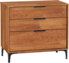 3-drawer dresser in cherry wood finish with sleek metal handles, ideal for bedroom or living room storage.