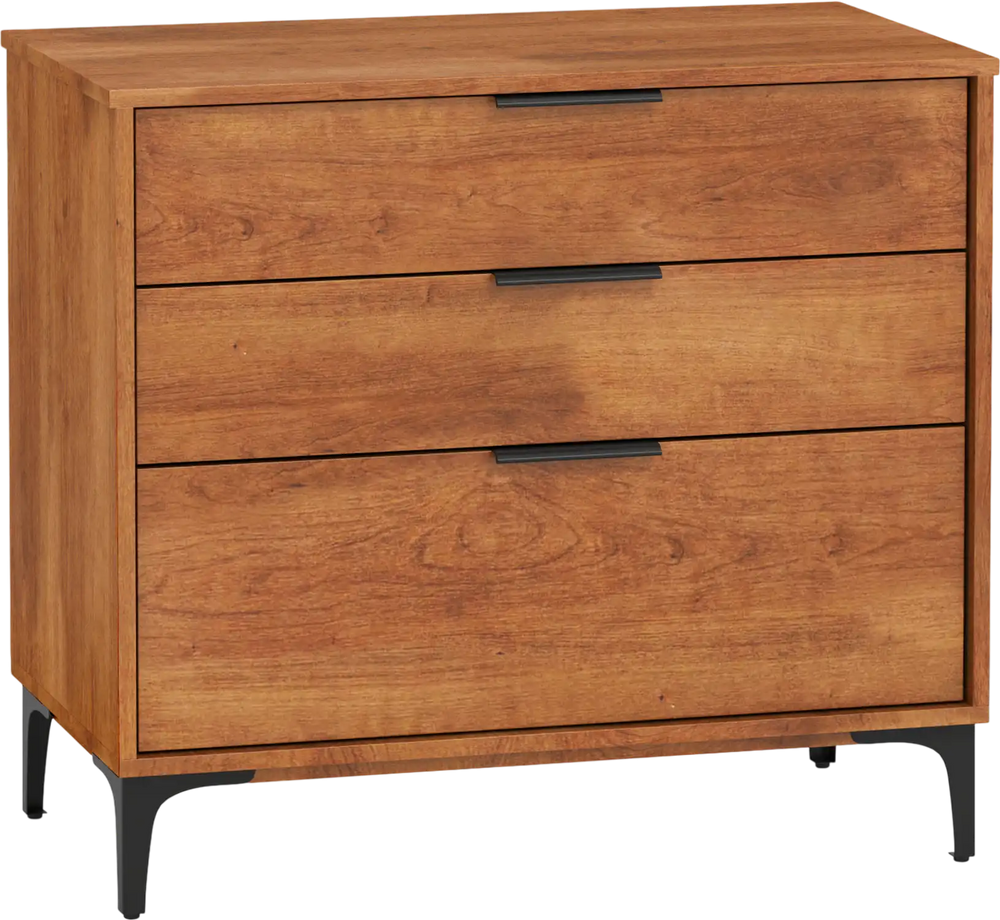 3-drawer dresser in cherry wood finish with sleek metal handles, ideal for bedroom or living room storage.