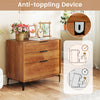 3 drawer dresser in cherry finish with anti-tipping device, removable legs, and sleek metal handles for bedroom storage.