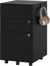 Black 3 drawer filing cabinet with locking mechanism and casters for easy mobility, ideal for office organization.
