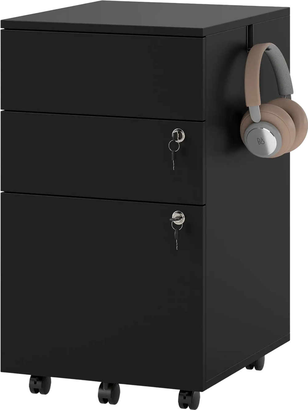 Black 3 drawer filing cabinet with locking mechanism and casters for easy mobility, ideal for office organization.