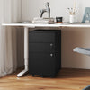 Black 3-drawer filing cabinet with lock, durable steel construction, and casters for easy mobility in an office setting.