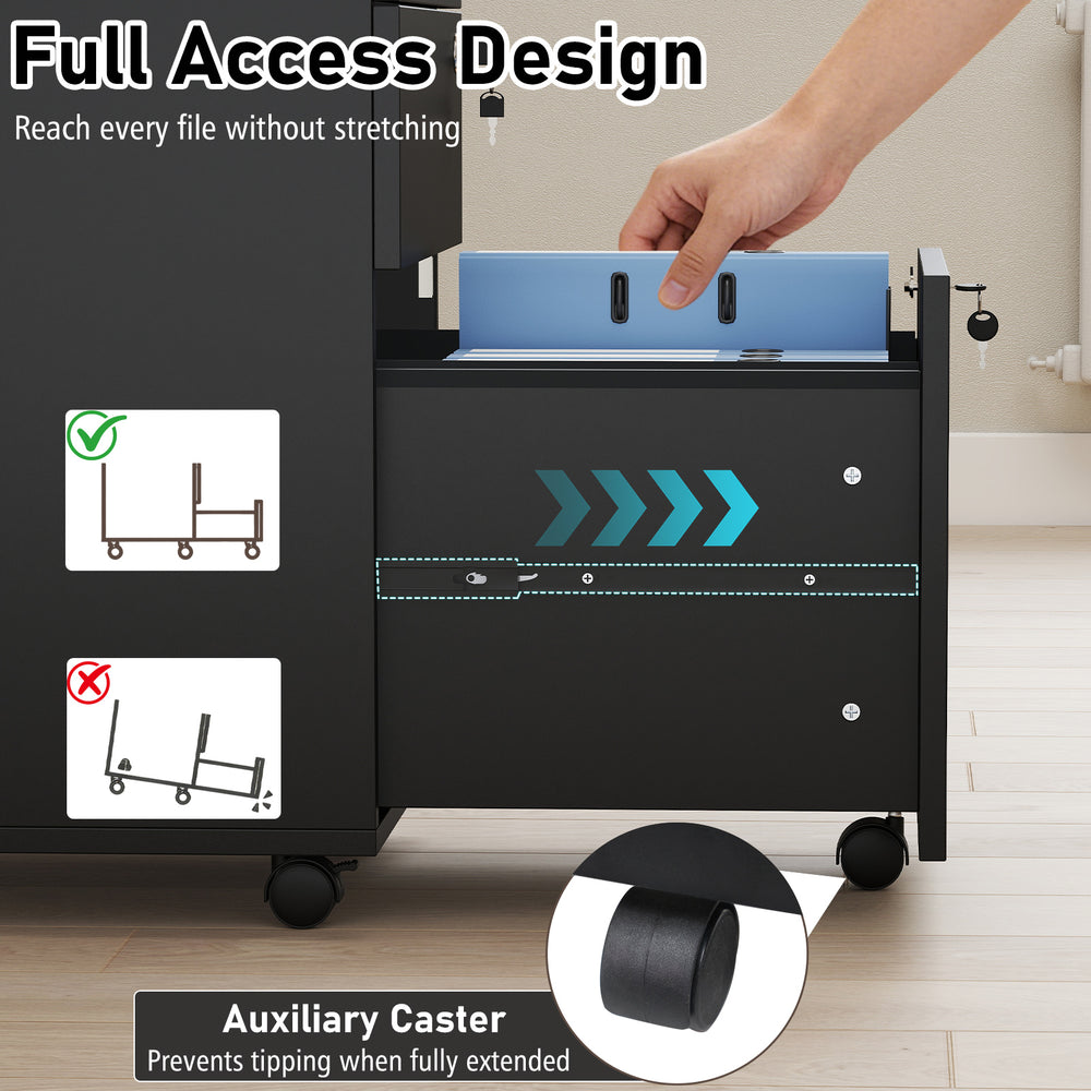 Three-drawer black filing cabinet with full access design, durable steel construction, and lockable drawers for secure.