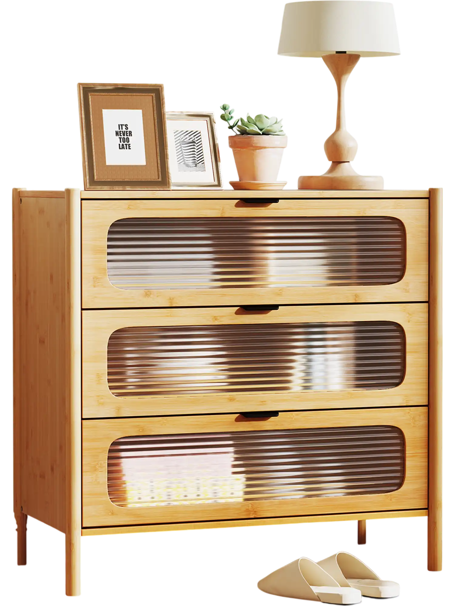 Costway Mid Century Modern 3 Drawer Chest Reeded Tempered Glass Front Natural 381652974 New