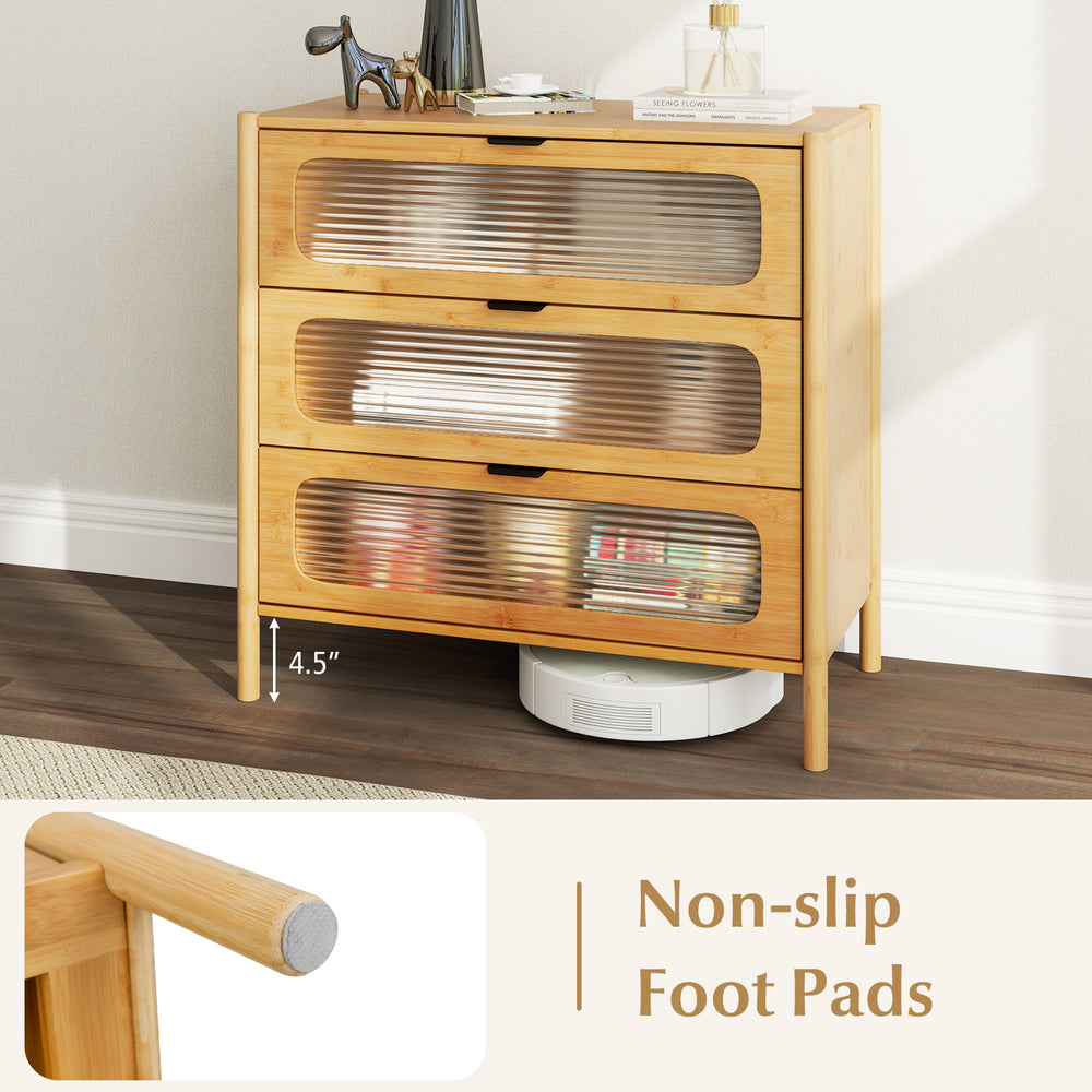 3-drawer mid-century modern chest of drawers with reeded tempered glass front and non-slip foot pads for stability.