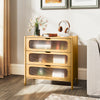 Mid-century modern chest of drawers with reeded tempered glass front, featuring three spacious drawers for organized.