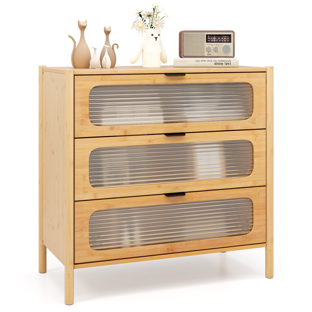 Three-drawer mid-century modern chest of drawers with reeded tempered glass front, featuring a natural bamboo frame.
