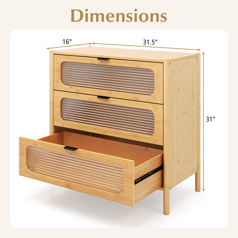 Three-drawer mid-century modern chest of drawers with reeded tempered glass front, natural bamboo finish, and.