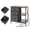 Mobile file cabinet with three fabric drawers and open shelves, featuring a brown wood-like surface and charging.