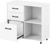 Mobile file cabinet in white with 3 drawers and open shelves, designed for A4 and Letter size files, featuring wheels for easy movement.