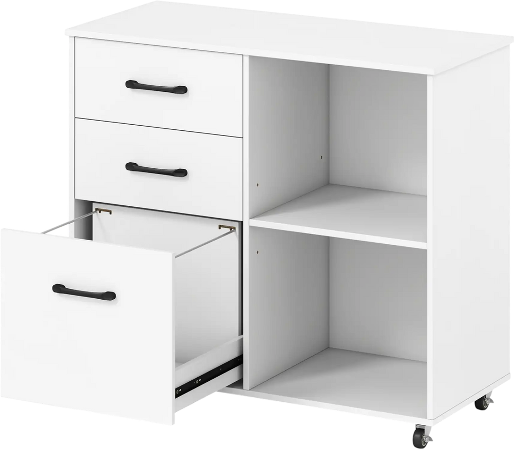 Mobile file cabinet in white with 3 drawers and open shelves, designed for A4 and Letter size files, featuring wheels for easy movement.