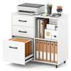 Mobile file cabinet in white with 3 drawers and open storage shelves, designed for A4 and Letter size files, on wheels.