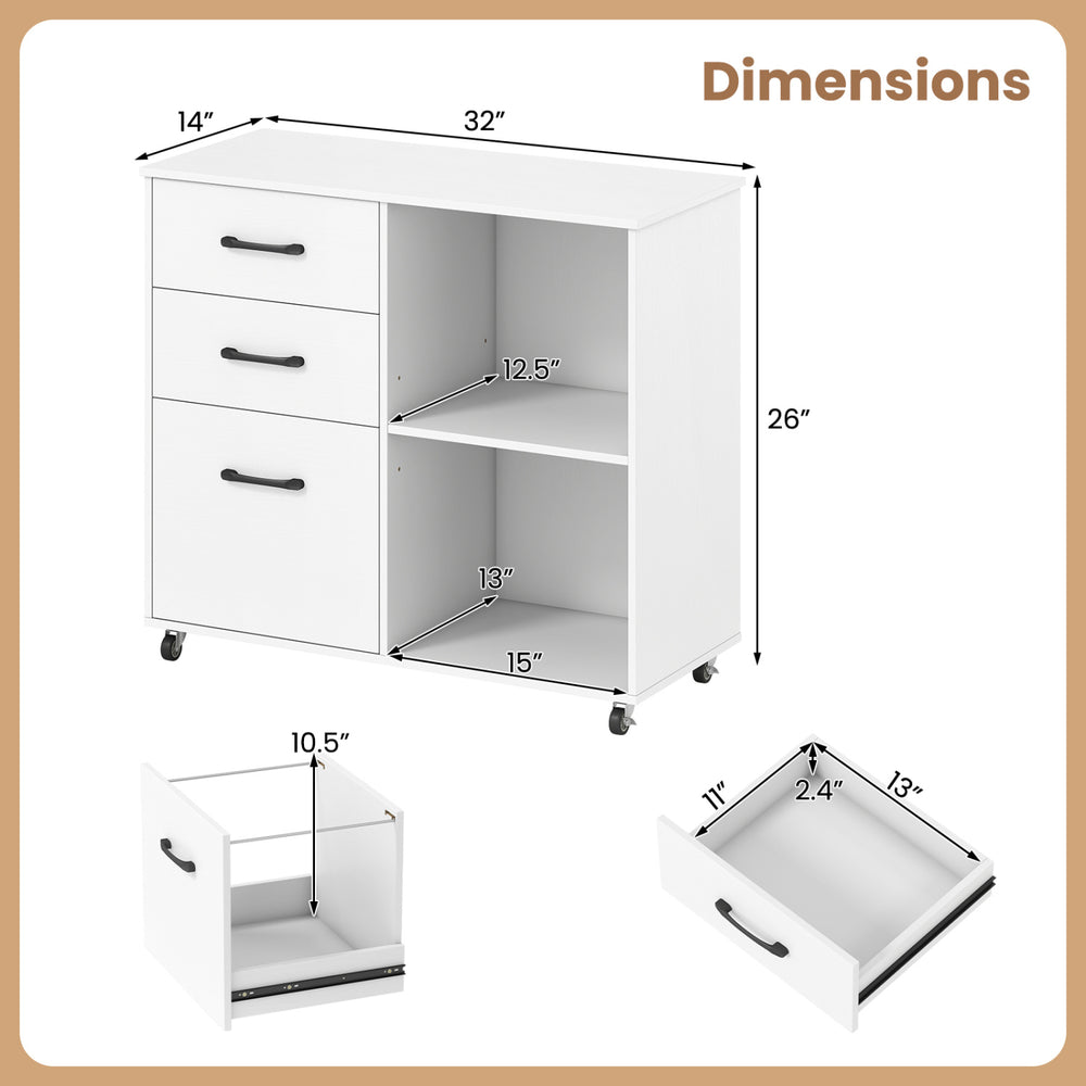 Mobile file cabinet in white with 3 drawers and open shelves, designed for A4 size files, featuring wheels for easy mobility.