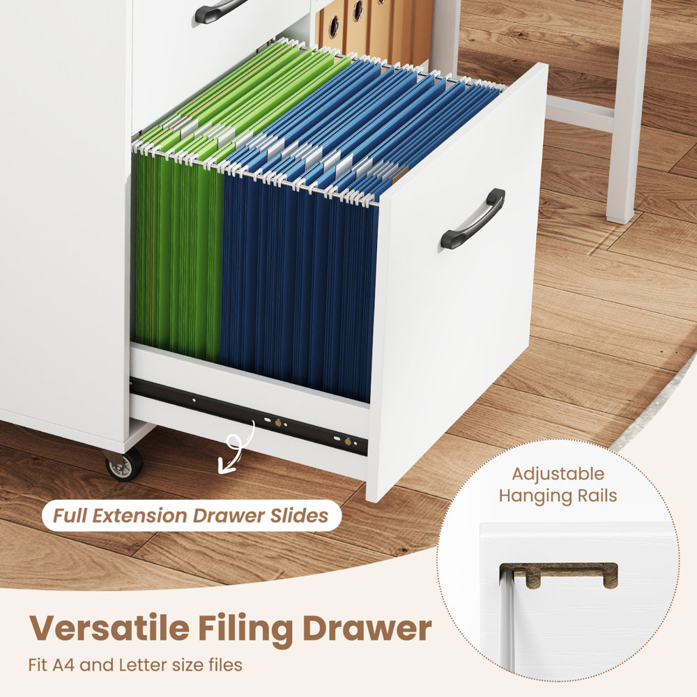Versatile white 3-drawer mobile file cabinet with full extension slides, adjustable rails, and wheels for easy mobility.