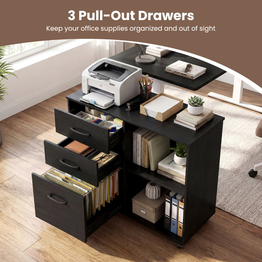 3-drawer mobile lateral file cabinet in black with adjustable shelf, ideal for organizing office supplies and printer.