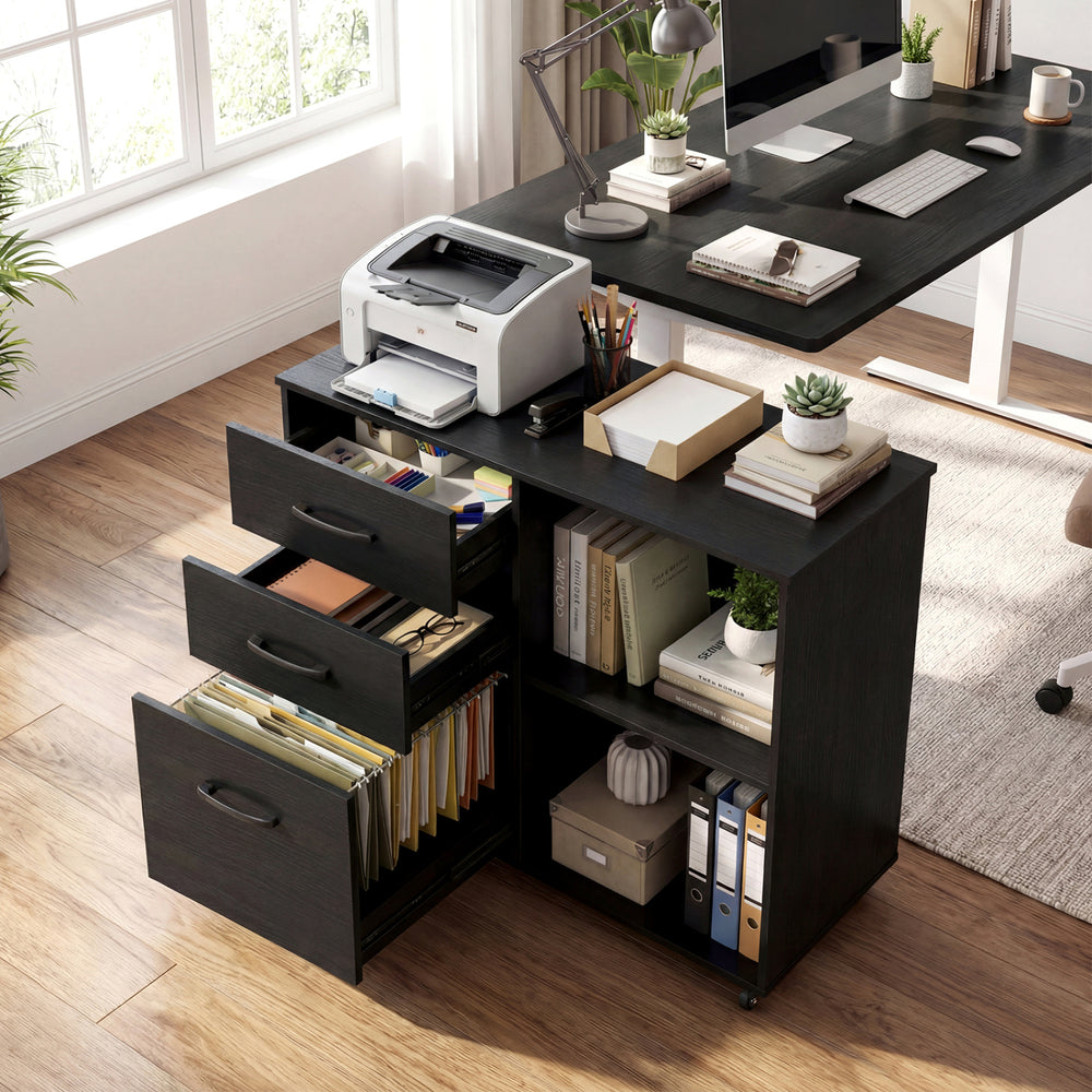 3-drawer mobile lateral file cabinet in black with adjustable shelf, ideal for office and home organization.