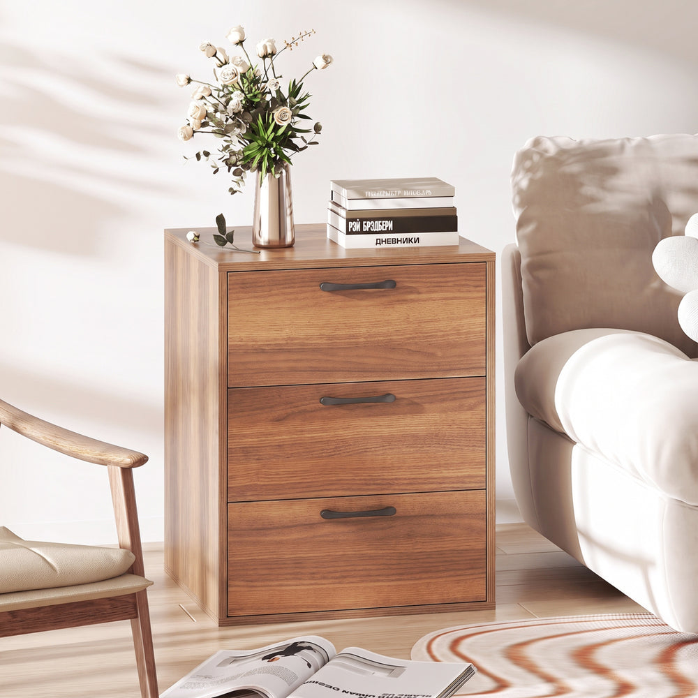 3 Drawer Nightstand with Wood Grain Finish and Storage for Living Room Bedroom Study-Walnut - Gallery View 1 of 9
