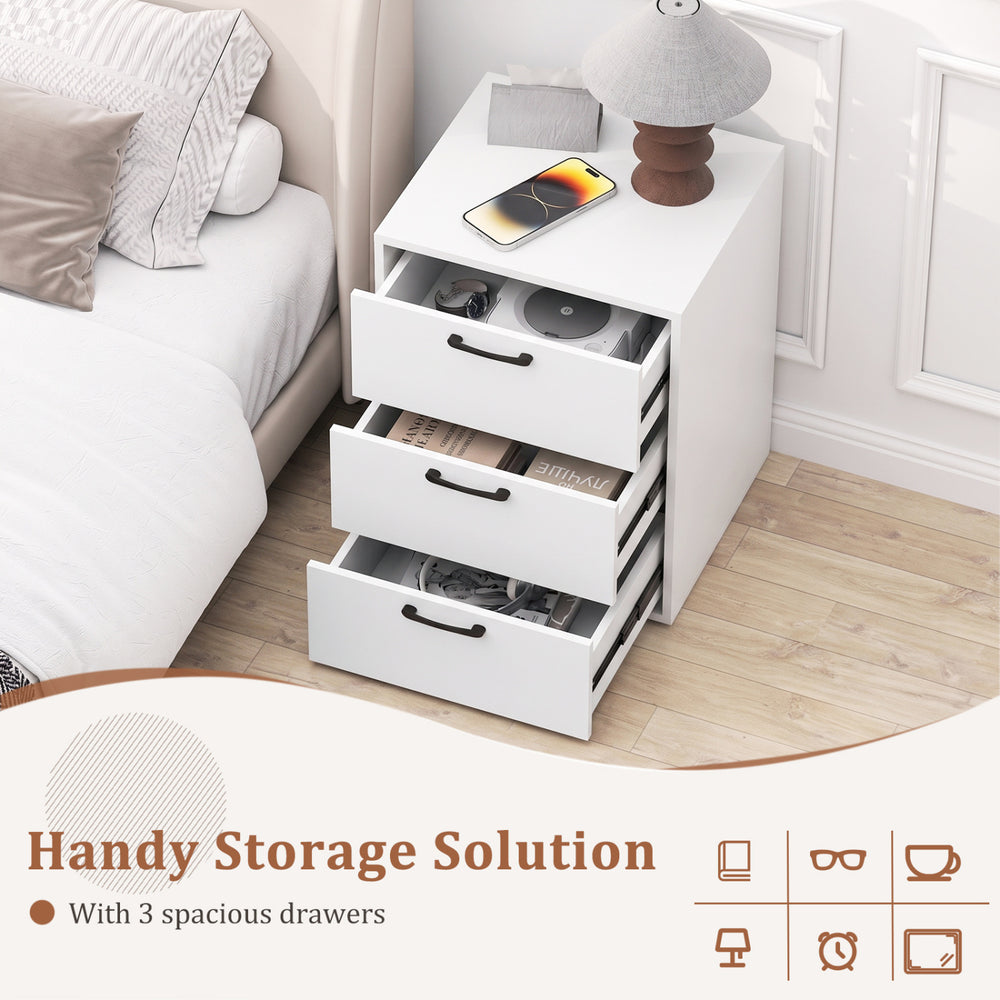 Three-drawer nightstand in white with wood grain finish, offering ample storage for bedrooms, living rooms, or studies.