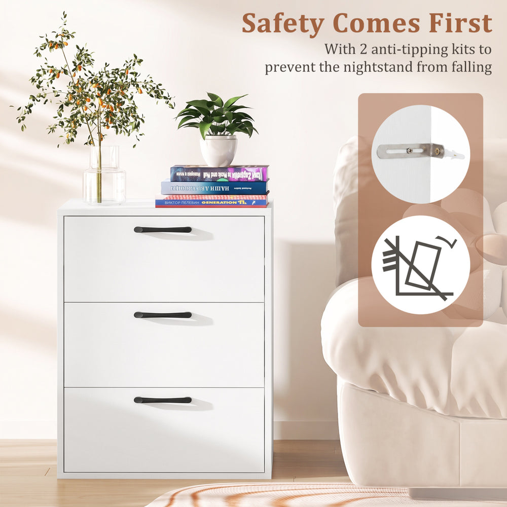 Three-drawer nightstand in white with wood grain finish, featuring anti-tip kits for safety and ample storage for any room.