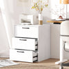Three-drawer nightstand in white with wood grain finish, offering ample storage for bedrooms, living rooms, or offices.