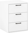White 3 drawer nightstand with wood grain finish, featuring smooth metal slides and ample storage for bedrooms or living rooms.