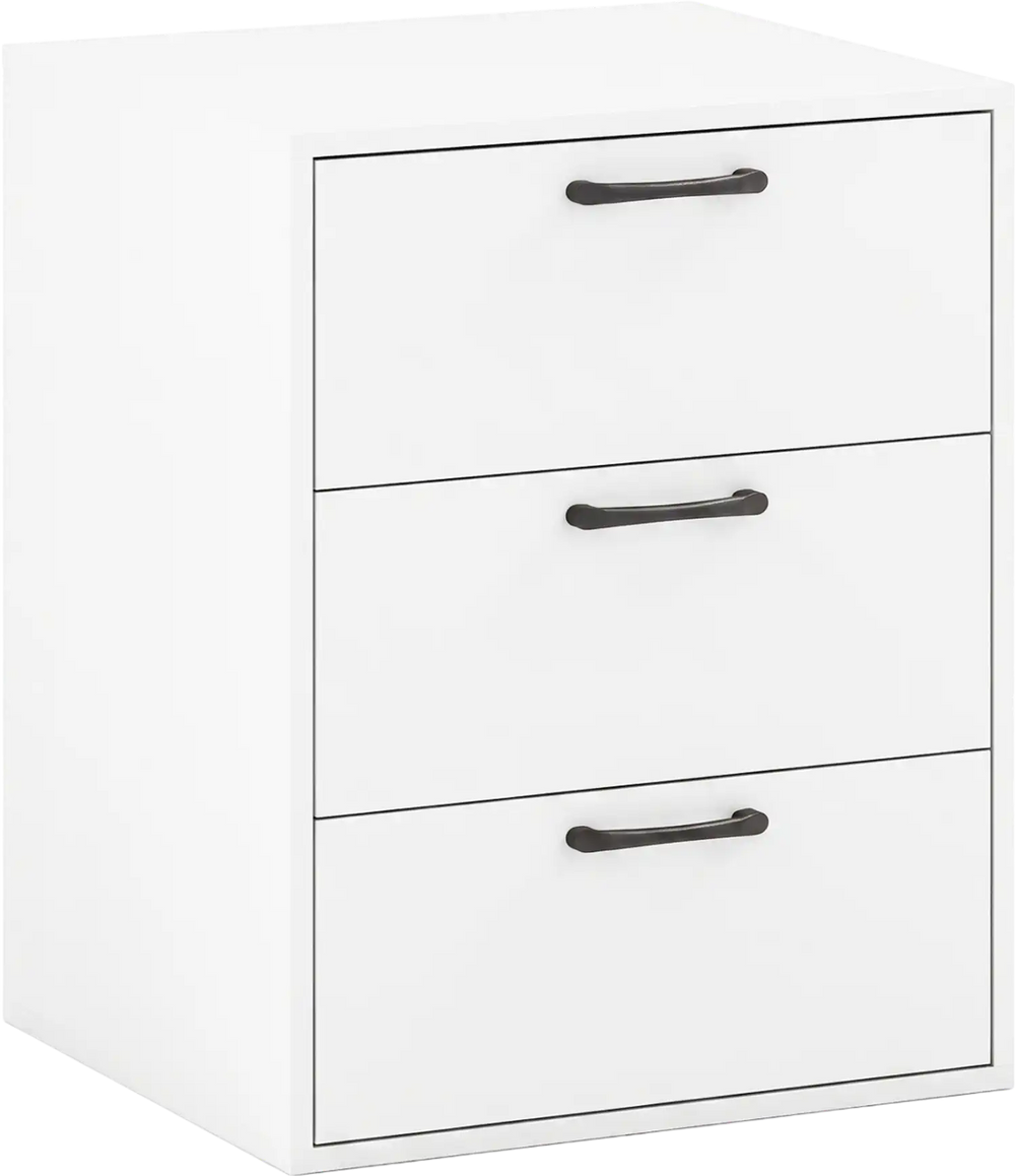 White 3 drawer nightstand with wood grain finish, featuring smooth metal slides and ample storage for bedrooms or living rooms.