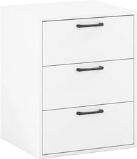 White 3 drawer nightstand with wood grain finish, featuring smooth metal slides and ample storage for bedrooms or living rooms.