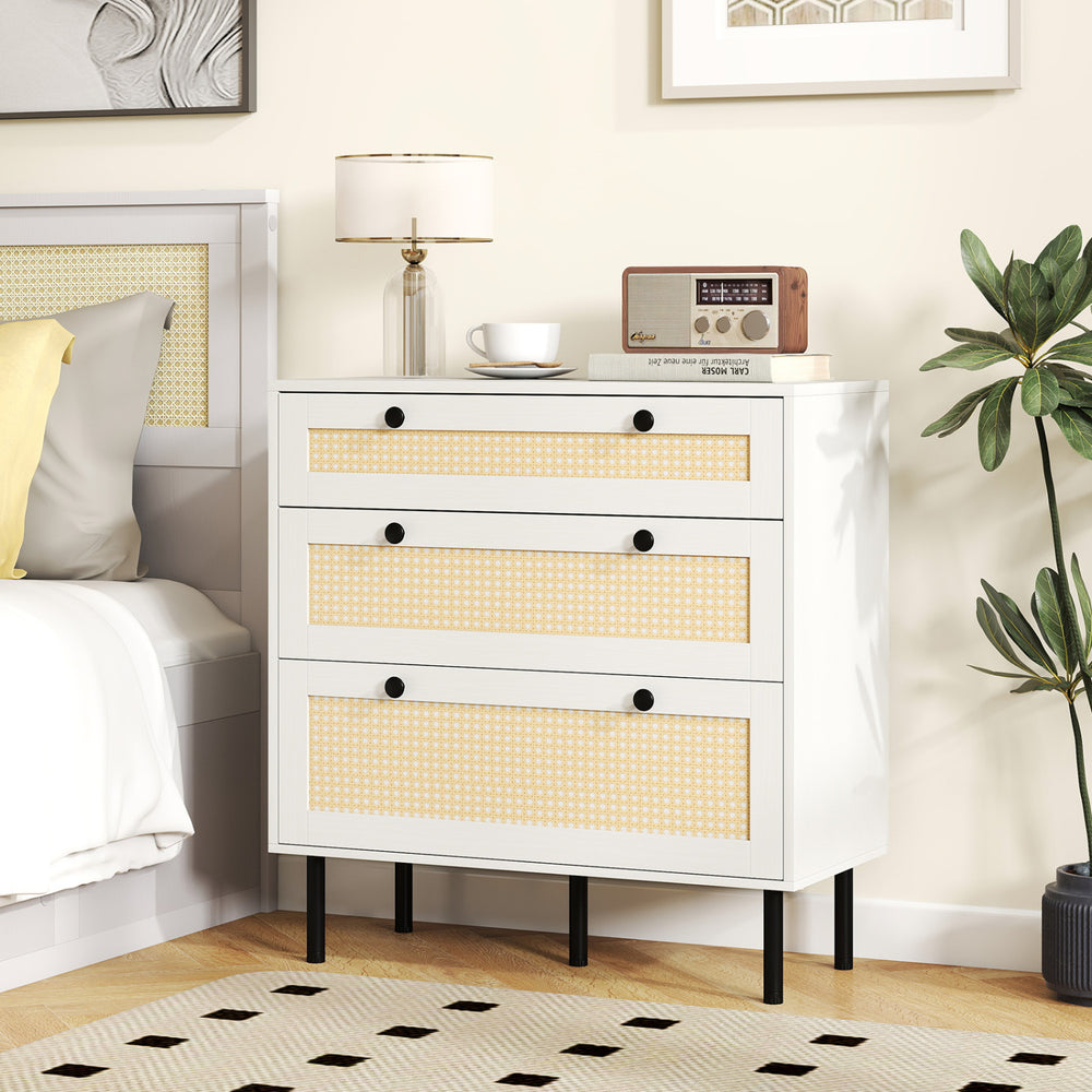 3-drawer rattan nightstand in white with yellow accents, ideal for bedroom storage and decoration display.
