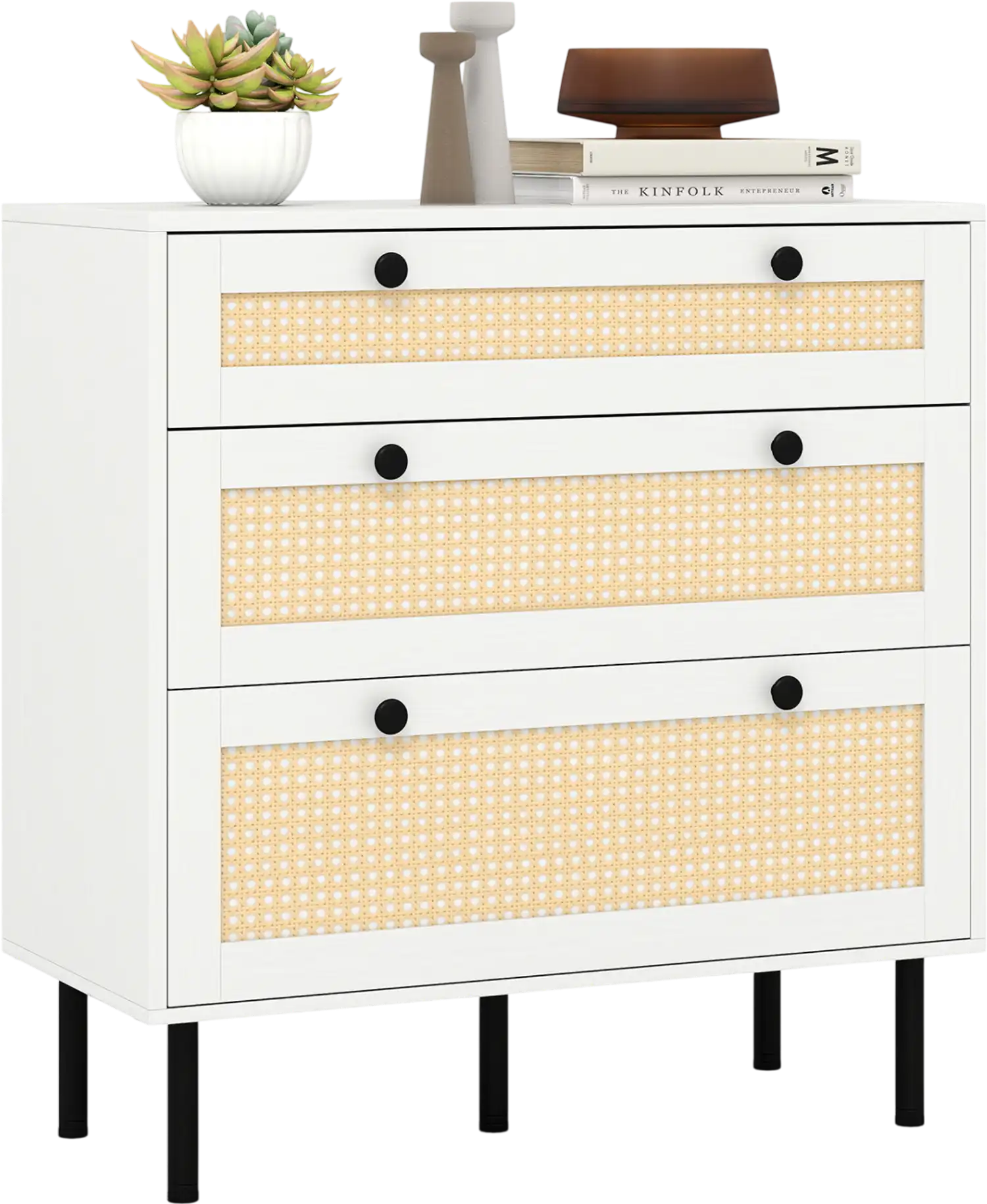 Costway 3-Drawer Rattan Boho Nightstand Bedroom Dresser 93104517 New