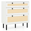 3-drawer rattan nightstand with white finish and black knobs, perfect for stylish bedroom organization and decor.