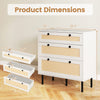 3-drawer rattan nightstand in white with dimensions shown, ideal for bedroom storage and decor display.