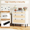 3-drawer rattan nightstand in white with boho style, featuring metal legs, anti-tipping kits, and adjustable foot pads.