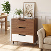 Three-drawer rustic farmhouse wooden storage dresser in walnut finish, perfect for living room or bedroom organization.