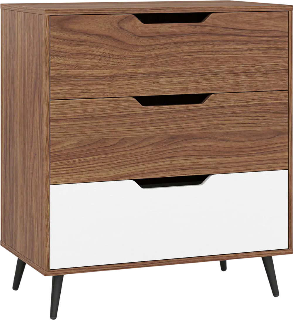 Three-drawer rustic farmhouse wooden storage dresser in walnut with metal legs, ideal for living room or bedroom use.