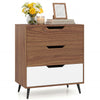 Three-drawer rustic farmhouse wooden storage dresser in walnut finish with metal legs, perfect for living room or bedroom decor.