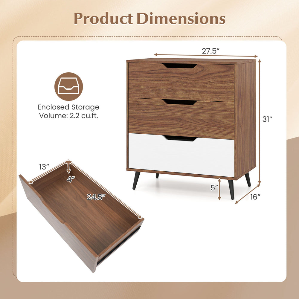 3-drawer rustic farmhouse wooden storage dresser in walnut with a wide top for display and metal legs for stability.