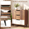 Three-drawer rustic farmhouse dresser in walnut with cut-out handles and stable metal legs for versatile storage solutions.
