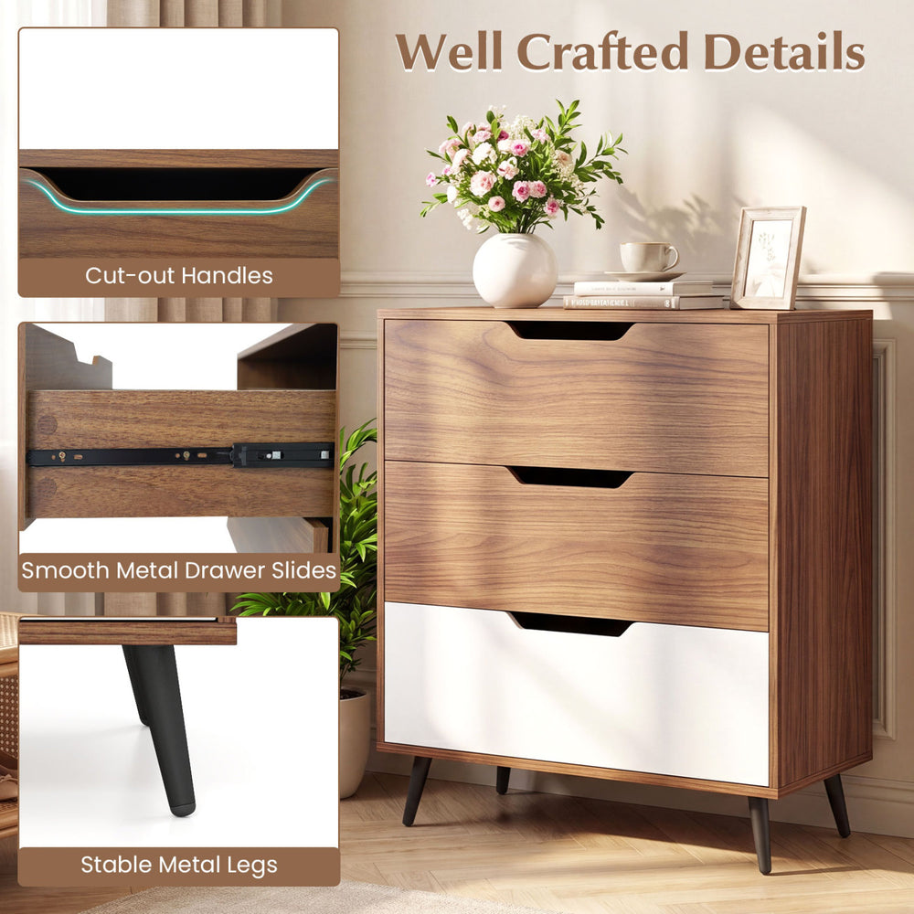 Three-drawer rustic farmhouse dresser in walnut with cut-out handles and stable metal legs for versatile storage solutions.