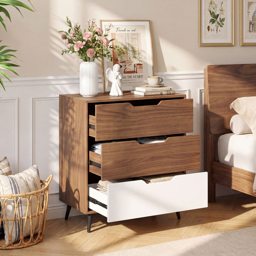 Rustic farmhouse 3-drawer wooden storage dresser in walnut finish with metal legs, ideal for bedroom or living room decor.