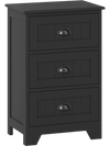 Black wood nightstand with three drawers and vintage handles, perfect for bedside storage and elegant room decor.