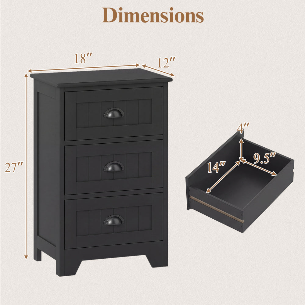 Three-drawer black wood nightstand with vintage handles, ideal for bedside storage and complementing any room decor.