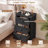 Black 3-drawer nightstand with vintage handles, spacious tabletop, ideal for bedside storage and room decor.